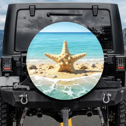 Starfish Beach Waves Seashells - Coastal Living Gift for Beach Lover Spare Tire Cover
