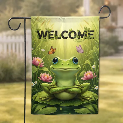 Welcome Smiling Green Frog Lily Pads Butterflies Blooming Flowers - Wildlife Lover Gift Garden Flag