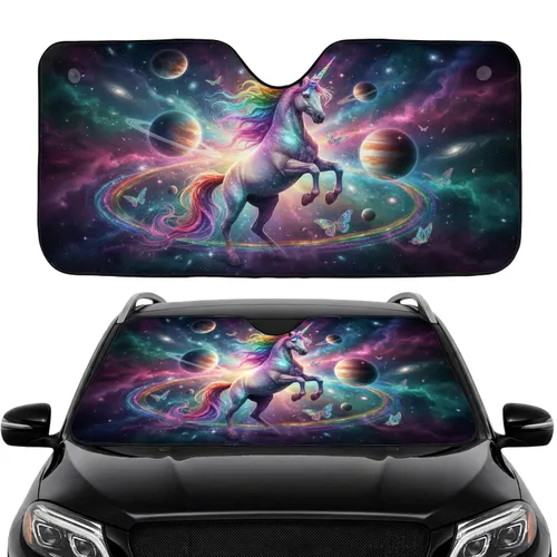Rearing Unicorn Fantasy Planets Galaxy Butterflies - Car Interior Upgrade Car Sunshade