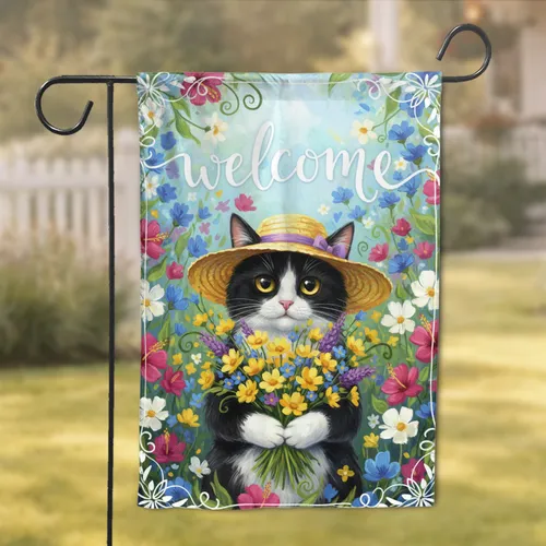 Tuxedo Cat Welcome Wildflower Bouquet - Home Decor Gift for Cat Lover Garden Flag