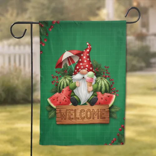 Rustic Welcome Sign Friendly Garden Gnome Watermelon Ice Cream - Home Decor Gift Garden Flag