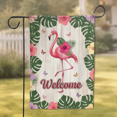Pink Flamingo Welcome Hibiscus Monstera - Tropical Home Decor Gift Garden Flag