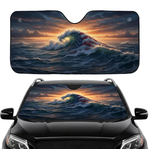 Colossal American Flag Ocean Wave Sunset Road Trip Essentials for Travelers Car Sunshade