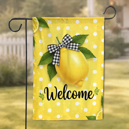 Yellow Lemon Welcome Sign Gingham Bow - Everyday Home Decor Gift Garden Flag