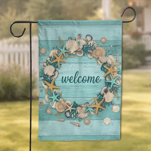 Seashell Wreath Welcome Starfish Coral Distressed Wood - Coastal Beach House Home Decor Gift Garden Flag
