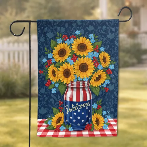 Mason Jar American Flag Welcome Sunflowers - Everyday Welcome Home Decor Garden Flag