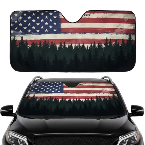 Rugged American Flag Pine Forest - Road Trip Gift for Veterans Car Sunshade