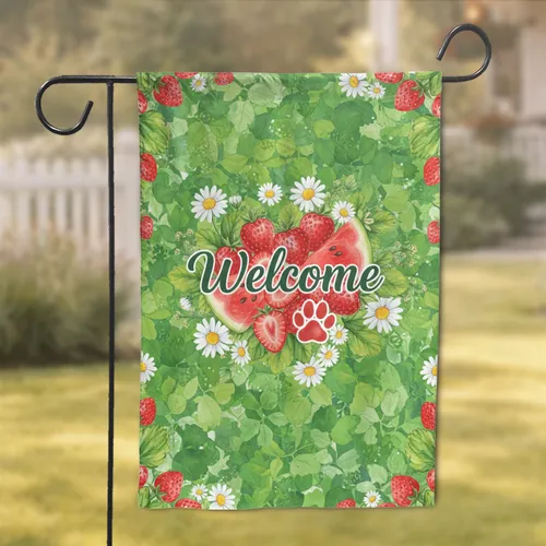 Welcome Script Strawberries Watermelons Paw Print - Summer Garden Home Decor Garden Flag