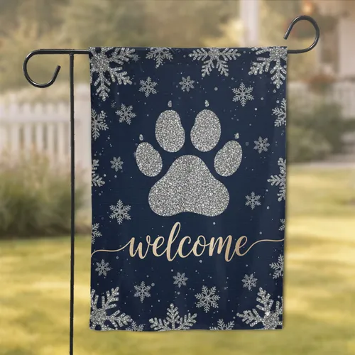 Paw Print Welcome Snowflakes - Winter Home Decor Gift Garden Flag