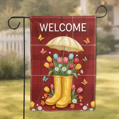 WELCOME Rain Boots Tulips Butterflies - Spring Home Decor Gift for Garden Lover Garden Flag