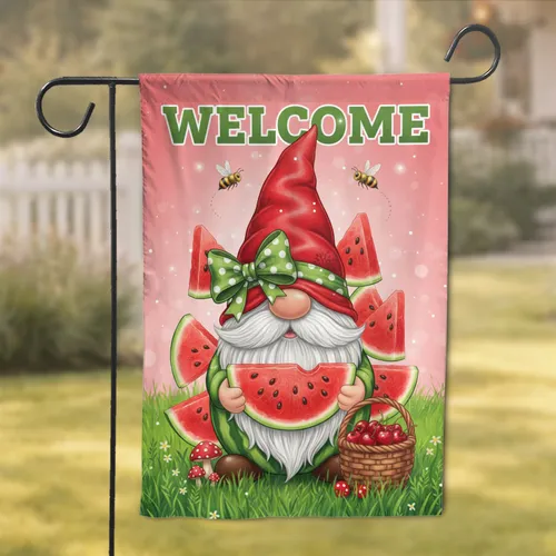 Garden Gnome Watermelon Welcome Slices Bees Rustic Basket Cherries - Garden Lover Gift Garden Flag
