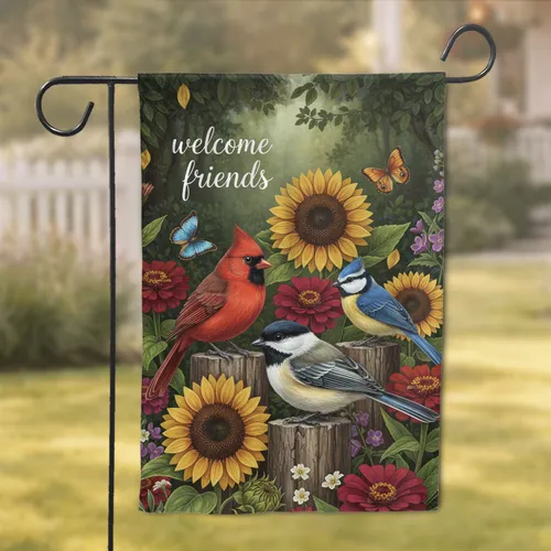 Welcome Friends Chickadee Cardinal Titmouse Garden Flowers - Wildlife Gift Garden Flag