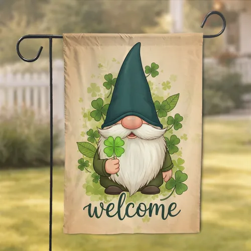 Welcome Garden Gnome Four Leaf Clover - Housewarming Decor Gift for Garden Lover Garden Flag