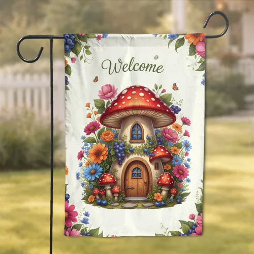 Charming Lush Mushroom House Wildflower Berries Welcome Sign - Home Decor Gift Garden Flag