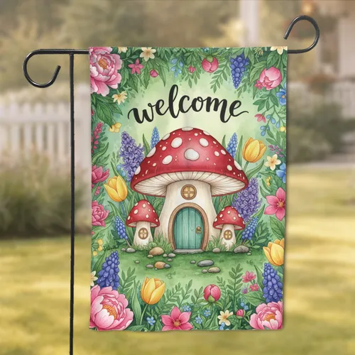 Mushroom Houses Welcome Sign Garden Flowers - Home Decor Gift Garden Flag