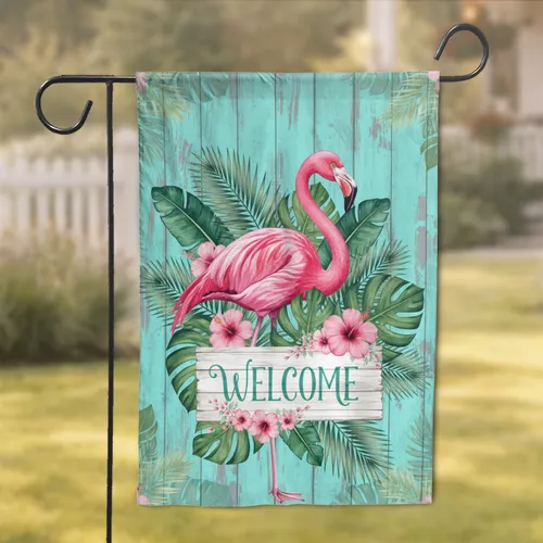 Pink Flamingo Tropical Welcome Hibiscus - Housewarming Home Decor Gift Garden Flag