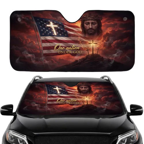 American Flag Jesus Christ Golgotha 'One Nation Under God' - Car Interior Upgrade Car Sunshade