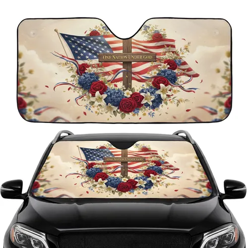 American Flag Cross 'One Nation Under God' Wreath - Car Interior Upgrade for Veterans Car Sunshade