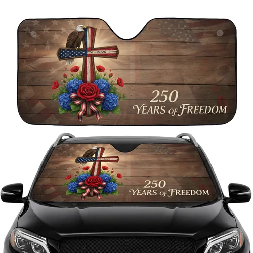 Bald Eagle American Flag Wooden Cross 250th Anniversary - Commute Accessory for Veterans Car Sunshade