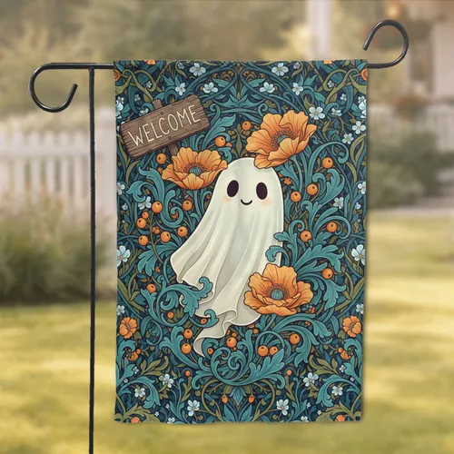 Friendly Ghost Welcome Sign Poppies Green Foliage - Home Decor Gift Garden Flag