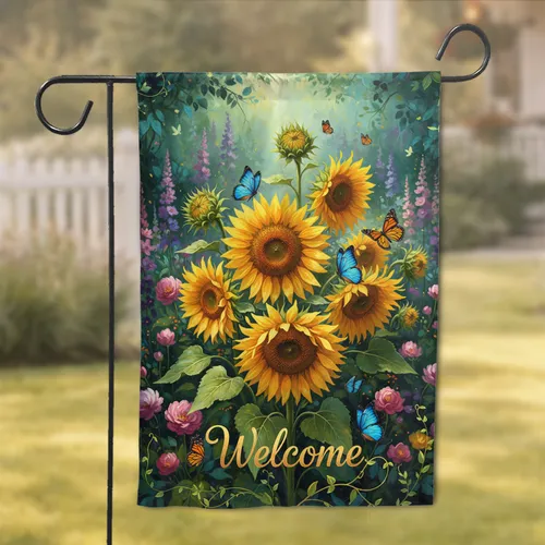 Golden Sunflowers Colorful Butterflies Welcome Botanical Garden Floral - Home Decor Gift Garden Flag