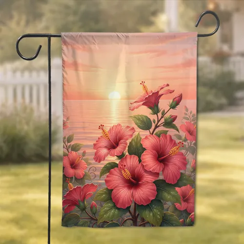 Pink-Red Hibiscus Flowers Ocean Sunset - Tropical Home Decor Gift Garden Flag