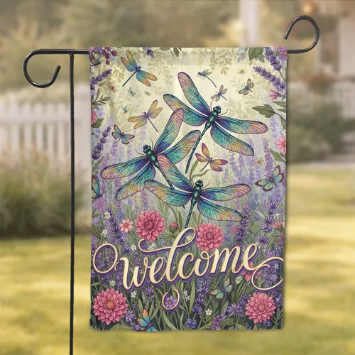 Dragonfly Welcome Sign Lavender Wildflower Garden - Outdoor Garden Decor Gift Garden Flag