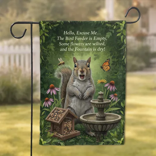 Humorous Squirrel Empty Feeder Garden Wildflowers - Wildlife Lover Home Decor Garden Flag