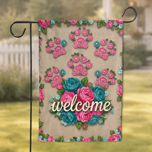 Lush Multi-Petaled Flowers Welcome Paw Prints Daisy Blooms - Everyday Home Decor Gift Garden Flag