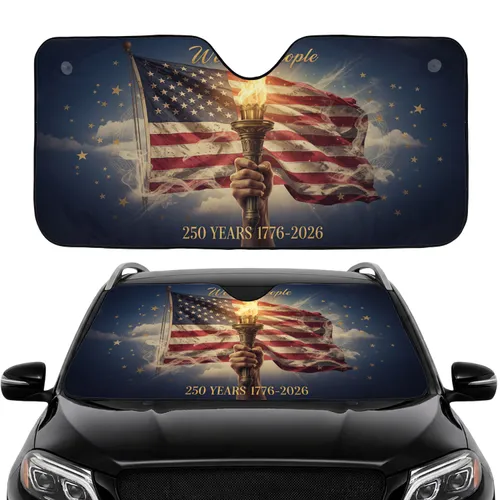 Hand Torch American Flag 'We the People' 250 Years 1776-2026 - Road Trip Gift Car Sunshade