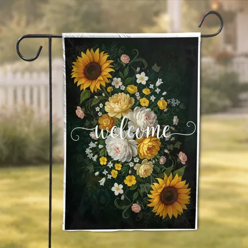Welcome Script Dark Floral Sunflower Peony Botanical Home Decor Gift Garden Flag