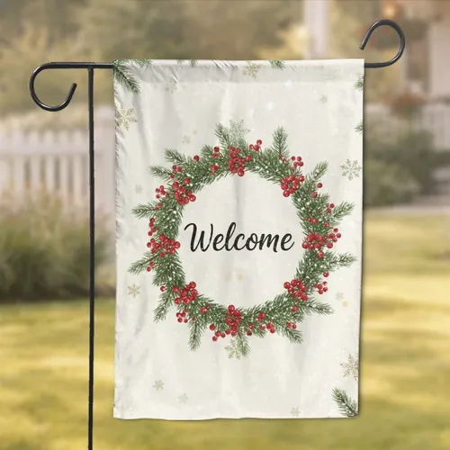 Welcome Snowflake Pine Holly Berry Wreath - Seasonal Winter Holiday Home Decor Garden Flag