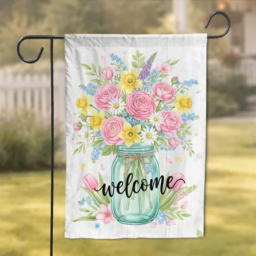 Welcome Spring Flower Bouquet Mason Jar Rustic Wood - Farmhouse Home Decor Gift Garden Flag