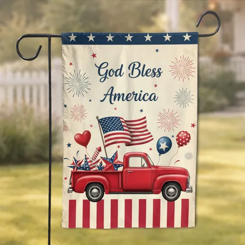 Vintage Red Truck American Flag - God Bless America Independence Day Garden Flag
