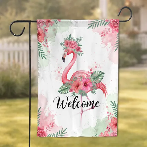 Pink Flamingo Tropical Hibiscus Roses Welcome - Home Decor Gift Garden Flag