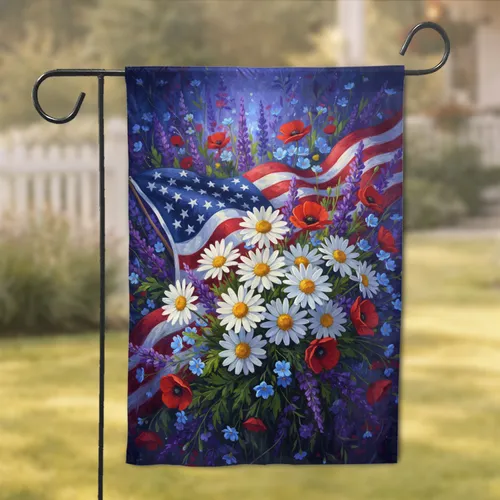 American Flag Oxeye Daisy Floral Garden - Patriotic Home Decor Gift Garden Flag