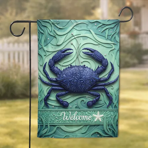 Indigo Blue Crab Welcome Starfish Ocean Waves Seaweed - Home Decor Gift Garden Flag
