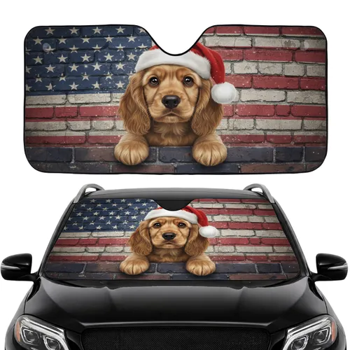 Cocker Spaniel Puppy Santa Hat American Flag Christmas Car Interior Upgrade Car Sunshade