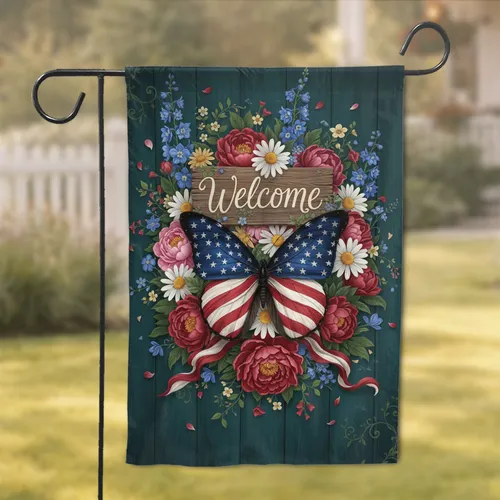 American Flag Butterfly Welcome Sign Floral Garden Farmhouse Home Decor Garden Flag