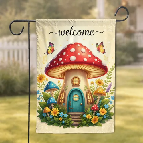 Mushroom House Welcome Garden - Home Decor Gift for Garden Lover Garden Flag