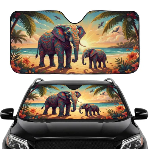 Elephant Family Floral Tropical Beach Sunrise - Road Trip Travel Accessory Wildlife Lover Gift Car Sunshade