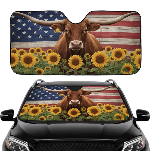Longhorn Cattle Sunflowers Distressed American Flag - Car Interior Upgrade for Patriotic Drivers Car Sunshade