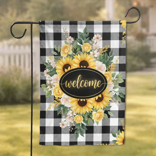 Welcome Golden Sunflower Rose Buffalo Plaid - Farmhouse Home Decor Gift Garden Flag