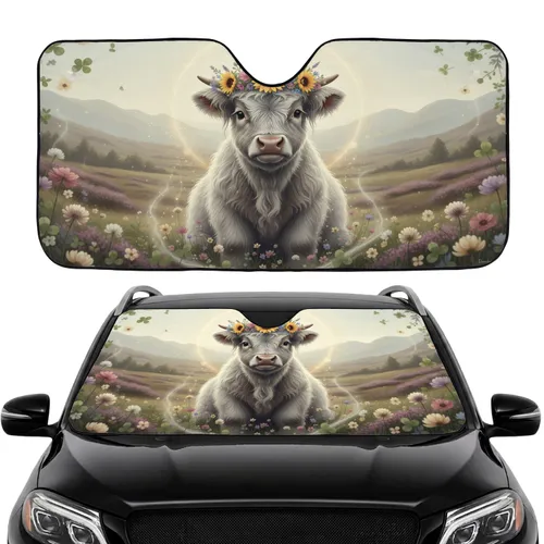 Baby Highland Cow Wildflower Crown Scottish Landscape - Car Interior Upgrade for Cow Lover Car Sunshade