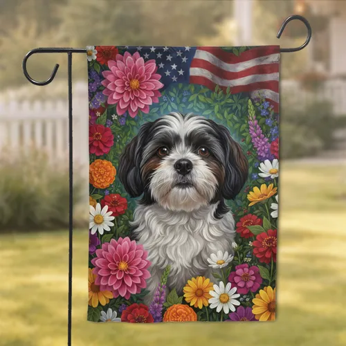 Shih Tzu Dog American Flag Floral Patriotic Home Decor Gift for Dog Lovers Garden Flag