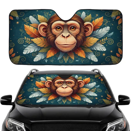 Monkey Face Tropical Leaves Feather Vines Car Interior Upgrade - Monkey Lover Gift Car Sunshade