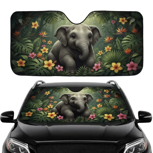 Plump Baby Elephant Tropical Jungle Foliage - Car Interior Upgrade Road Trip Gift Car Sunshade