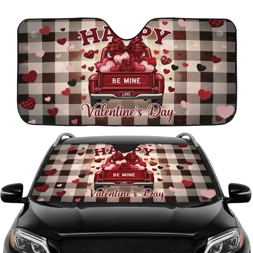 Vintage Red Pickup Truck Hearts Plaid Bow - Valentine's Day Car Interior Upgrade Car Sunshade