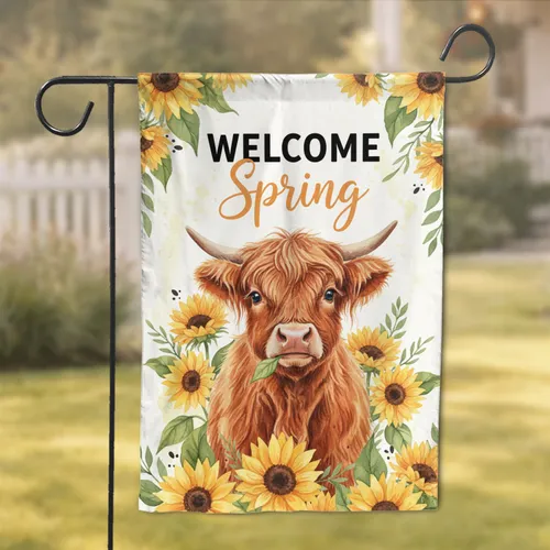 Highland Cow Sunflowers Welcome Spring - Spring Season Home Decor for Cow Lover Garden Flag