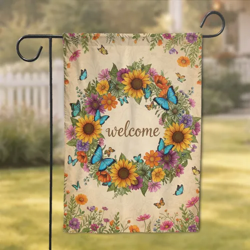 Welcome Script Floral Wreath Sunflowers Butterflies - Everyday Home Decor Gift Garden Flag